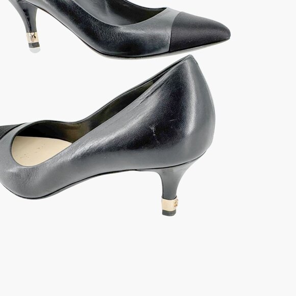 Chanel Cap Toe CC Kitten Pumps EU 38.5 US 7.5-8 Black Leather Pointed Low Heel - Picture 10 of 15